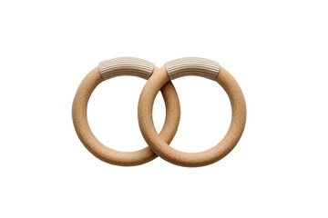 Two interlocking wooden rings, light beige/natural color, with textured, off-white grips