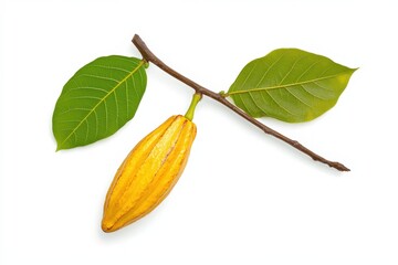 Fresh cocoa pod with vibrant yellow skin and green leaves on white background, showcasing natural beauty and agricultural richness of cocoa production