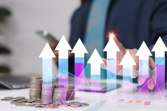 Financial Growth Investment Planning Success Closeup Coins Business Report Chart Upward Arrows Data Trends, Symbolizing Strategic Financial Progress Upward Business Momentum