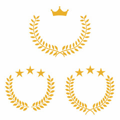 Golden laurel wreaths and crown emblem set representing victory achievement and excellence