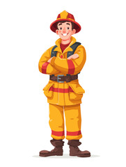 Firefighter character stands confidently, showcasing bravery and readiness for action in vibrant uniform