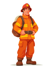 Firefighter character in bright orange uniform stands confidently with equipment and helmet, ready for action and protection