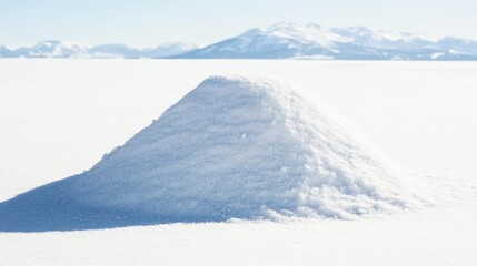 Snowy mound with distant mountain landscape in bright sunlight