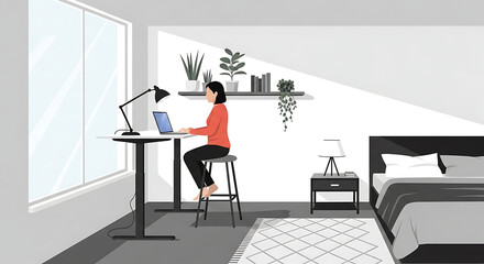 woman working laptop home office modern bedroom