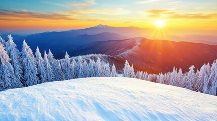 Snowy Mountain Landscape with Sun Rising Above the Horizon