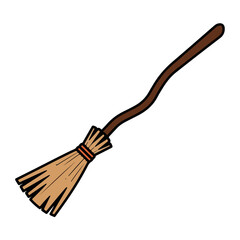 Obraz premium Simple witch's broom isolated on white, showcasing a traditional Halloween symbol. Witch's broom, constructed with twig bristles and wooden handle, evokes the eerie charm of Halloween.