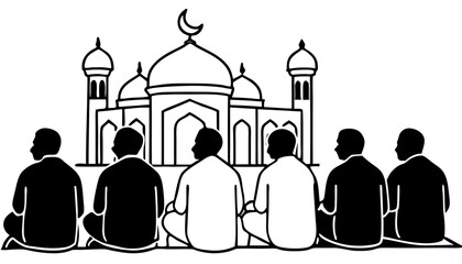 Minimal black silhouette scene of people praying in mosque, plain white background, clean vector