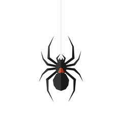 Obraz premium Hanging spider on thin thread, flat illustration on white. Geometric spider design with long black legs and geometric angles. Isolated spider for Halloween invites and spooky Halloween decorations.