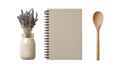 Simple, neutral kitchen still life.  A spiral-bound notebook, a wooden spoon, and a jar of cream/yogurt with lavender sprigs