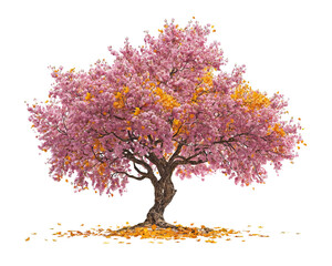 Fototapeta premium Cherry Blossom Tree with Falling Autumn Leaves on Transparent Background