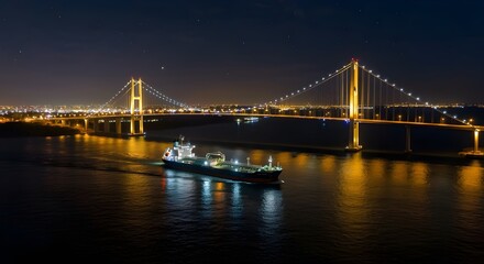 Obraz premium Nighttime Strait with Lit Bridge and Passing Tanker Ship 