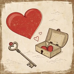 A vintage illustration of a romantic Valentine's Day greeting card with hearts and roses