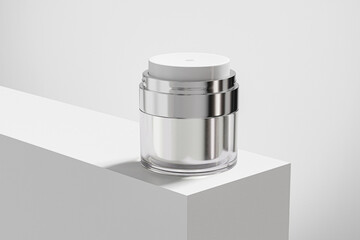 Airless cream jar mockup, anti-aging cream in vacuum bottle, luxury airless skincare packaging mockup, acrylic cosmetic jar with silver metallic texture, Double Walled refillable Cream container