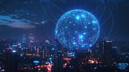 Digital Connectivity Concept Over Urban Landscape at Night