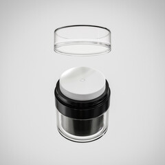 Double Walled refillable cream container with clear lid, Airless cream jar mockup, luxury airless skincare packaging, glossy black cosmetic jar packaging, cylindrical cream pump dispenser container