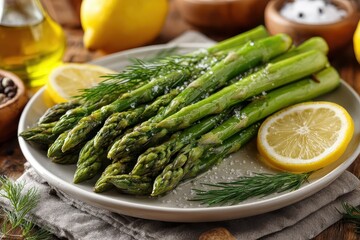 Plate of fresh asparagus with lemon and dill, sprinkled with salt. Showcase healthy eating or a gourmet vegetarian meal.
