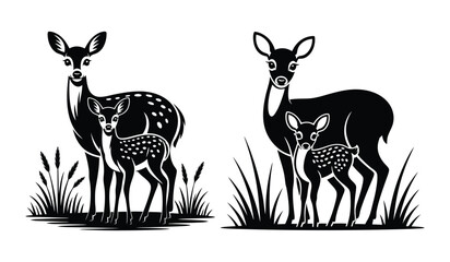 Mother Doe and Baby Fawn in Grass Vector Illustration
