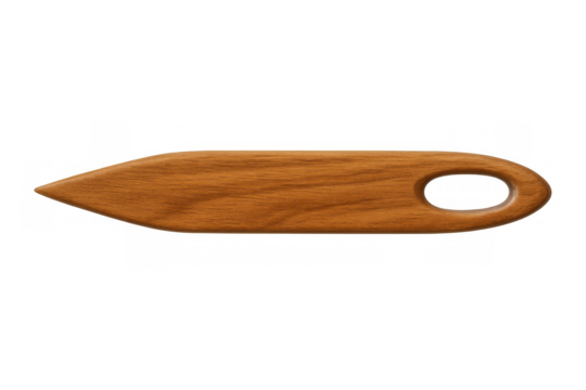 Close-up wooden weaving needle showcasing detailed craftsmanship, smooth surface gleaming against transparent backdrop