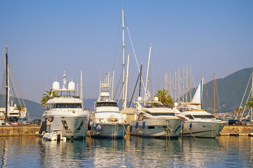 Yachts and sailboats in marina.  Montenegro, Bay of Kotor. Porto Montenegro marina in Tivat city
