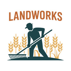 Gardener Silhouette in Hat Raking Field Vector Graphic for Farm Theme

