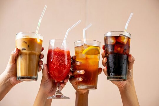 Four hands holding up glasses of iced coffee juice iced tea and soda