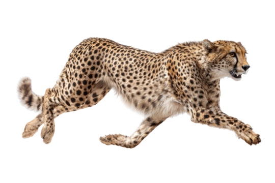 Cheetah in a dynamic running pose against a black background.  Its spotted coat and powerful legs are prominent as it moves swiftly