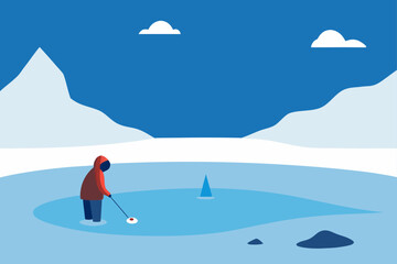 frozen lake with lone fisherman and gear