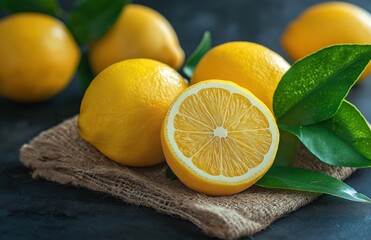 Fresh yellow lemons with green leaves arranged on a rustic burlap background, isolated on a dark blue table for a healthy food concept in kitchen or restaurant design