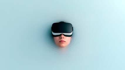 Centered head of a woman wearing a black VR headset floating in calm, light blue water, creating perfect ripples around.
