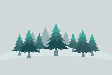 group of tall evergreens in foggy snowy field