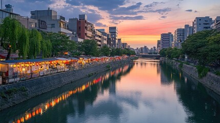 Serene Evening Reflection on Urban River with Colorful Lights