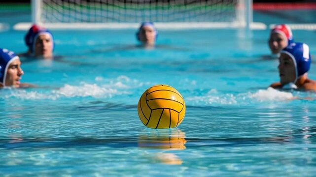 Yellow water polo ball in the foreground during a competitive match. Athletes playing in a swimming pool with a goal in the background.