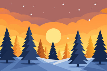 Obraz premium snowy pine forest under warm soft golden hour light