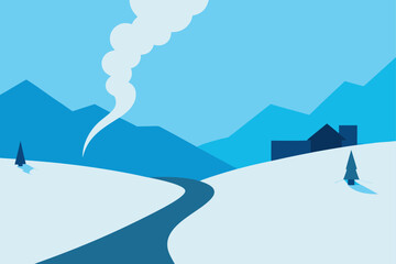 snowy valley with distant cozy cottage smoke trail