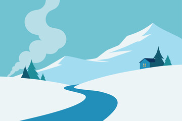 snowy valley with distant cottage smoke trail