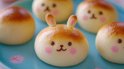 Cute Bunny-Shaped Steamed Buns on a Blue Plate with Smiling Faces