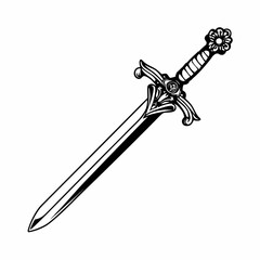 Ornate medieval sword with decorative hilt and floral pommel isolated on white