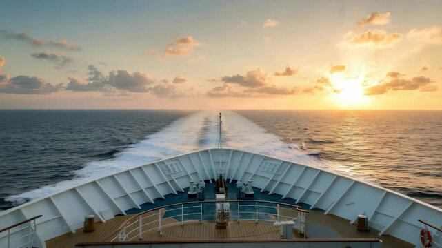Ship sailing at sea during sunset, tranquil ocean view