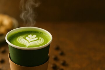 Delicious Green Latte with Intricate Leaf Latte Art Served in a Stylish Cup Against a Warm Background, Perfect for Coffee Lovers and Aesthetic Moments