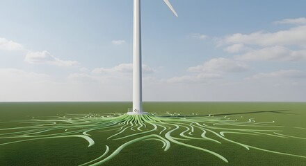 Wind Turbines Windmill Energy. Wind turbine on a green field with energy lines emanating from its base towards the landscape, under a blue sky.