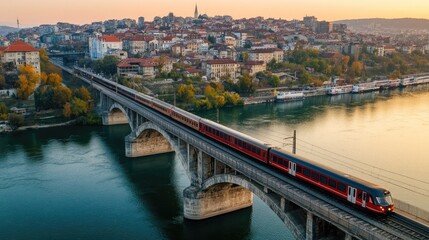 Obraz premium Scenic Train Traveling Across Bridge Over Calm River at Sunset