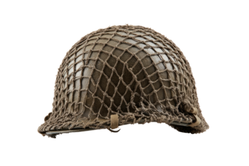 A  military helmet with a  protective  mesh covering