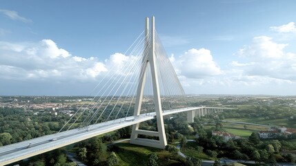 Fototapeta premium Modern Cable-Stayed Bridge Spanning Lush Landscape, Aerial Perspective