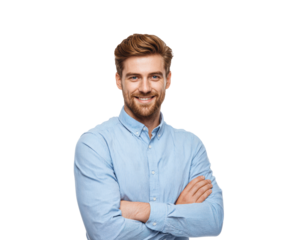 Confident young man smiling with arms crossed in casual setting