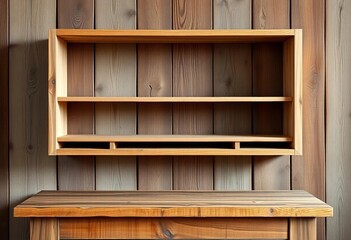 Empty wooden shelf on rustic table against wood wall,   template,   still life