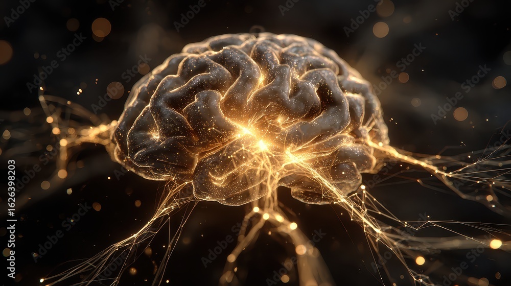 Aufkleber glows emanate from a detailed digital 3d render of a human brain. use this to show innovation, scien
