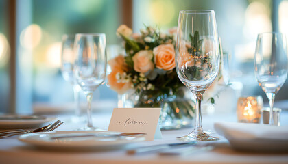 Elegantly set dining table with beautiful floral centerpiece, wine glasses, and place card for a special event.