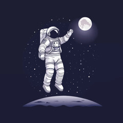 Fototapeta premium Astronaut Saluting Moon in Starry Night Space