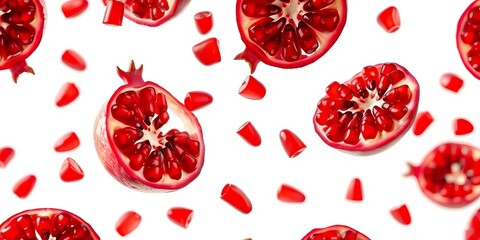 Fototapeta premium Juicy pomegranate halves, seeds suspended in air, bright red against pure white background, juicy, food photography