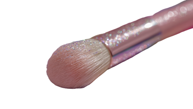 Close-up of a makeup brush tip, featuring a light-pink, rounded brush head with fine bristles.  Glitter or shimmer particles are visible on the brush head